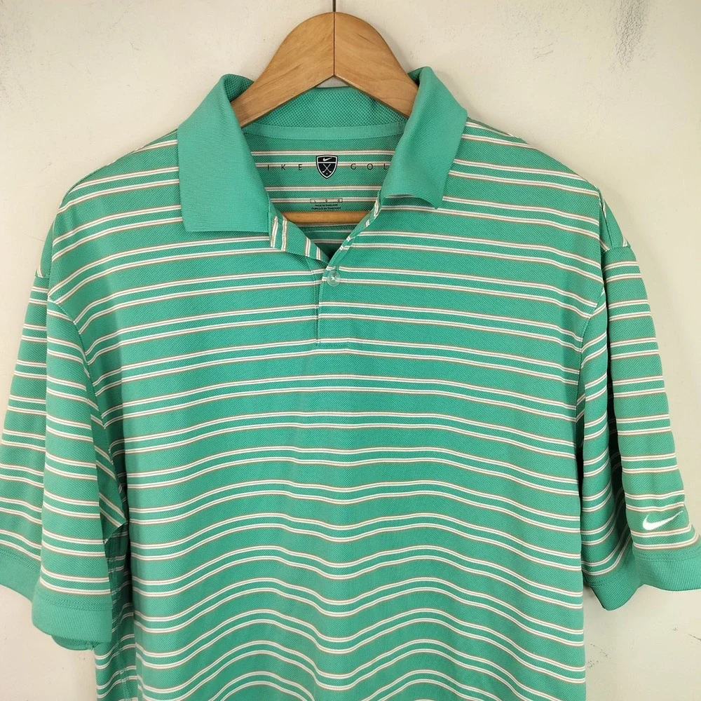 Nike Golf Polo Shirt Mens Large Striped Short Sleeve Performance Athletic Green